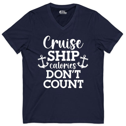Cruise Ship Shirt - Funny Cruise Calories Don't Count Anchor Tee (V-Neck) in Navy - Cruise Ship Calories Don’t Count Shirt with Anchors Funny Nautical