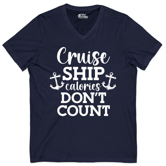 Cruise Ship Shirt - Funny Cruise Calories Don't Count Anchor Tee (V-Neck) in Navy - Cruise Ship Calories Don’t Count Shirt with Anchors Funny Nautical