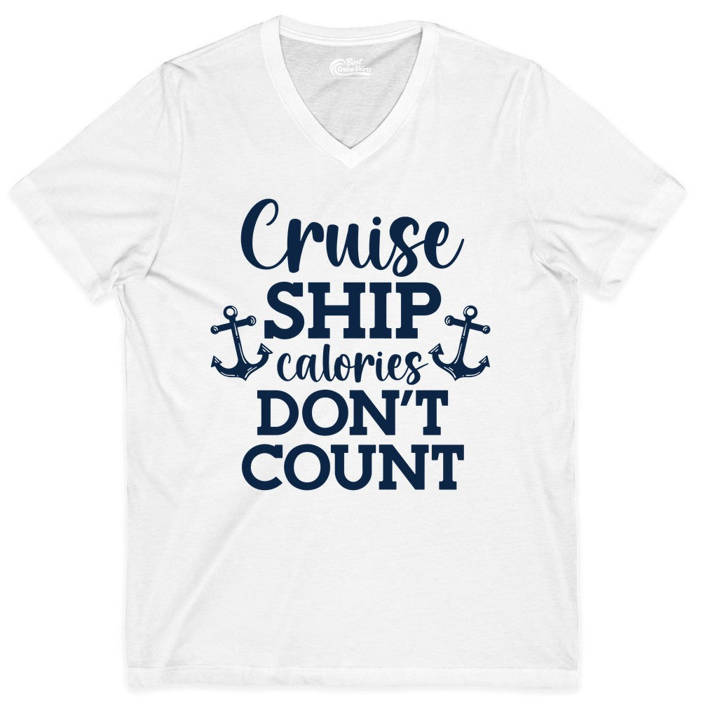 Cruise Ship Shirt - Funny Cruise Calories Don't Count Anchor Tee (V-Neck) in White - Cruise Ship Calories Don’t Count Shirt with Anchors Funny Nautical