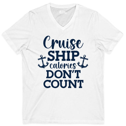 Cruise Ship Shirt - Funny Cruise Calories Don't Count Anchor Tee (V-Neck) in White - Cruise Ship Calories Don’t Count Shirt with Anchors Funny Nautical