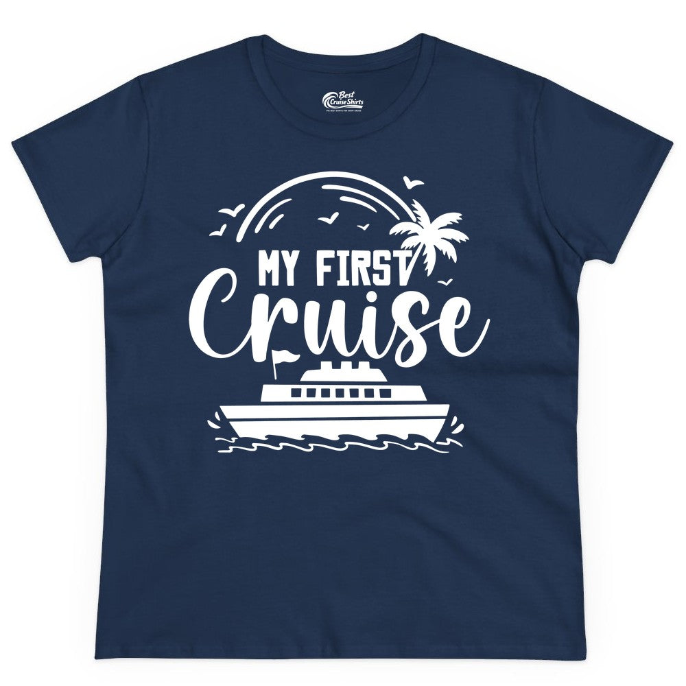 My First Cruise Shirt - Tropical Family Cruise Vacation Apparel (Ladies Tee) in Navy - My First Cruise Shirt - Tropical Nautical Family Voyage Celebration