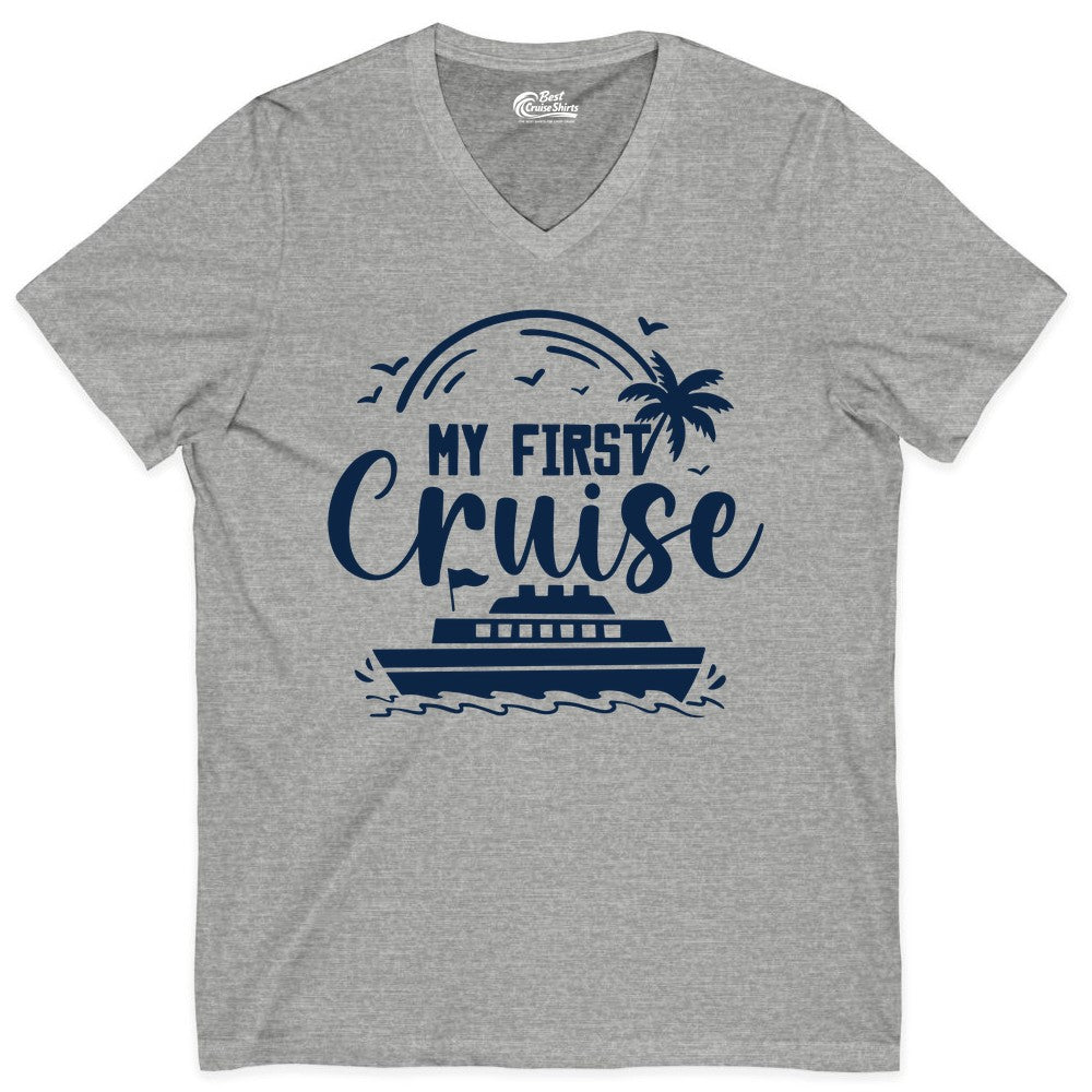 My First Cruise Shirt - Tropical Family Cruise Vacation Apparel (V-Neck) in Athletic Heather - My First Cruise Shirt - Tropical Nautical Family Voyage Celebration