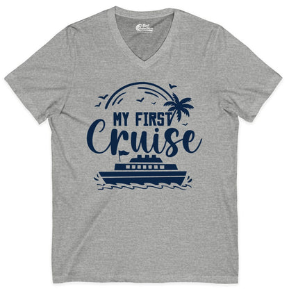 My First Cruise Shirt - Tropical Family Cruise Vacation Apparel (V-Neck) in Athletic Heather - My First Cruise Shirt - Tropical Nautical Family Voyage Celebration