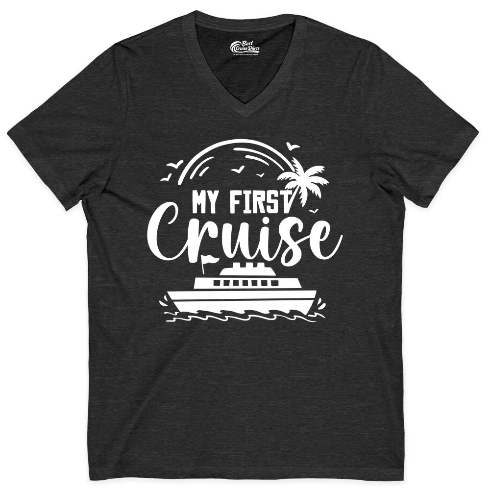 My First Cruise Shirt - Tropical Family Cruise Vacation Apparel (V-Neck) in Dark Grey Heather - My First Cruise Shirt - Tropical Nautical Family Voyage Celebration