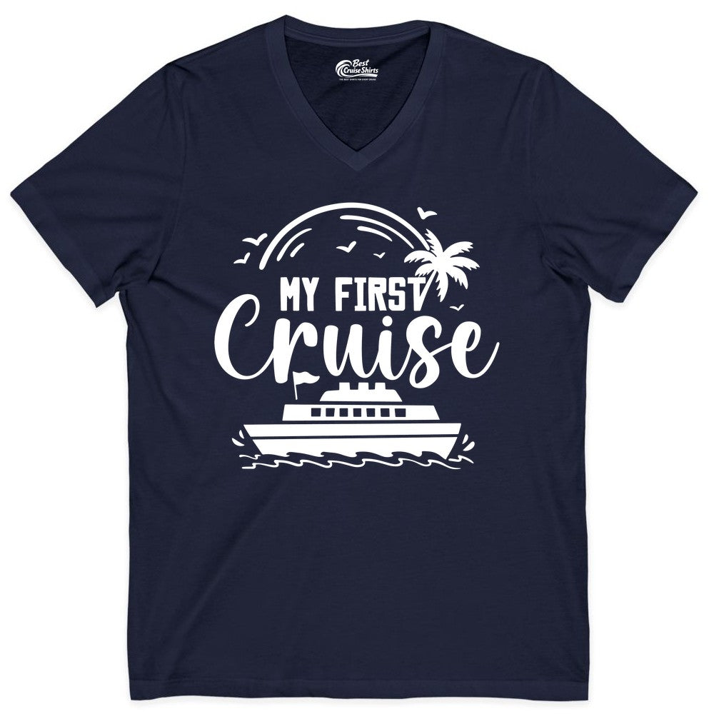 My First Cruise Shirt - Tropical Family Cruise Vacation Apparel (V-Neck) in Navy - My First Cruise Shirt - Tropical Nautical Family Voyage Celebration