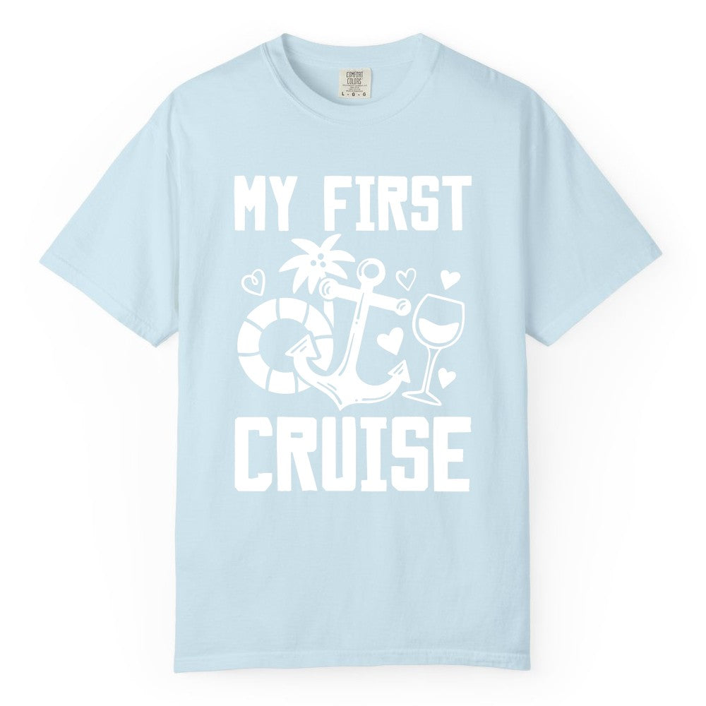 My First Cruise Shirt - Cruise Vacation Apparel for First Timers (Comfort Color) in Chambray - My First Cruise Shirt - Bold Nautical Icons Celebration Tee