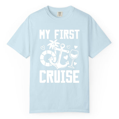 My First Cruise Shirt - Cruise Vacation Apparel for First Timers (Comfort Color) in Chambray - My First Cruise Shirt - Bold Nautical Icons Celebration Tee
