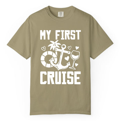 My First Cruise Shirt - Cruise Vacation Apparel for First Timers (Comfort Color) in Khaki - My First Cruise Shirt - Bold Nautical Icons Celebration Tee