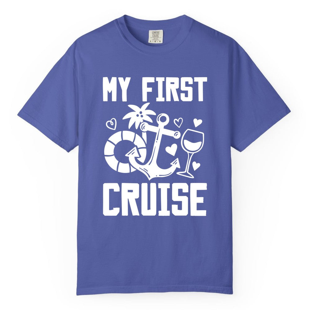 My First Cruise Shirt - Cruise Vacation Apparel for First Timers (Comfort Color) in Periwinkle - My First Cruise Shirt - Bold Nautical Icons Celebration Tee