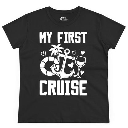 My First Cruise Shirt - Cruise Vacation Apparel for First Timers (Ladies Tee) in Black - My First Cruise Shirt - Bold Nautical Icons Celebration Tee