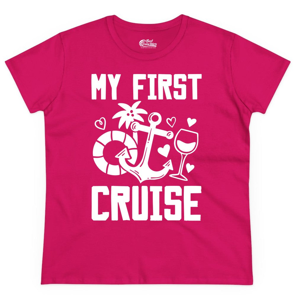 My First Cruise Shirt - Cruise Vacation Apparel for First Timers (Ladies Tee) in Heliconia - My First Cruise Shirt - Bold Nautical Icons Celebration Tee