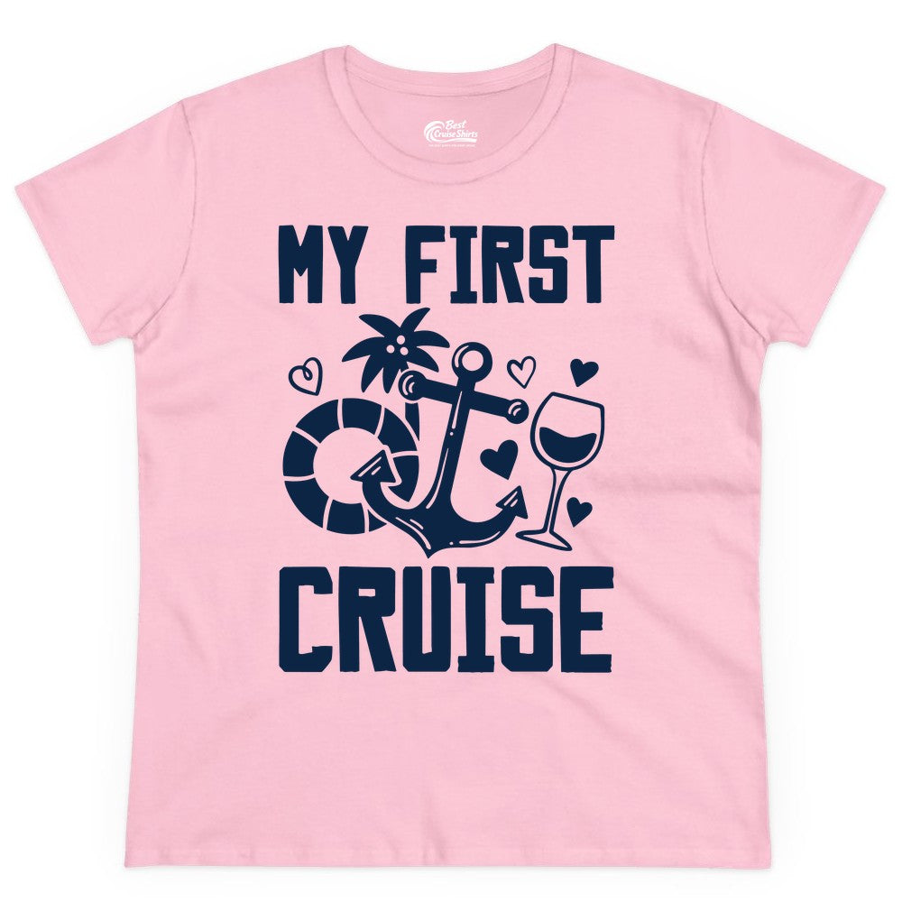 My First Cruise Shirt - Cruise Vacation Apparel for First Timers (Ladies Tee) in Light Pink - My First Cruise Shirt - Bold Nautical Icons Celebration Tee