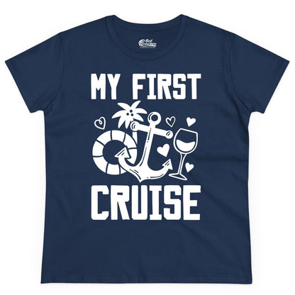 My First Cruise Shirt - Cruise Vacation Apparel for First Timers (Ladies Tee) in Navy - My First Cruise Shirt - Bold Nautical Icons Celebration Tee