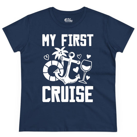 My First Cruise Shirt - Cruise Vacation Apparel for First Timers (Ladies Tee) in Navy - My First Cruise Shirt - Bold Nautical Icons Celebration Tee