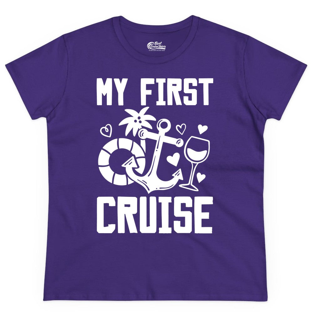 My First Cruise Shirt - Cruise Vacation Apparel for First Timers (Ladies Tee) in Purple - My First Cruise Shirt - Bold Nautical Icons Celebration Tee