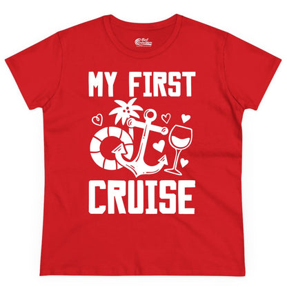 My First Cruise Shirt - Cruise Vacation Apparel for First Timers (Ladies Tee) in Red - My First Cruise Shirt - Bold Nautical Icons Celebration Tee