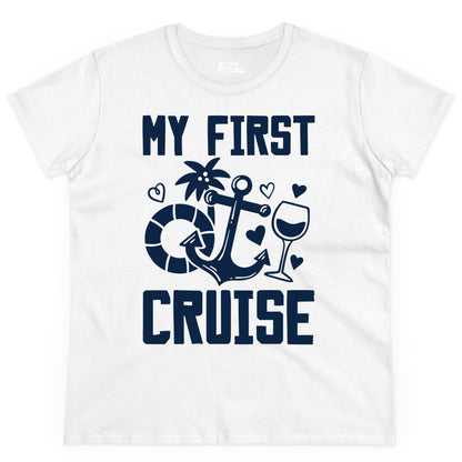 My First Cruise Shirt - Cruise Vacation Apparel for First Timers (Ladies Tee) in White - My First Cruise Shirt - Bold Nautical Icons Celebration Tee