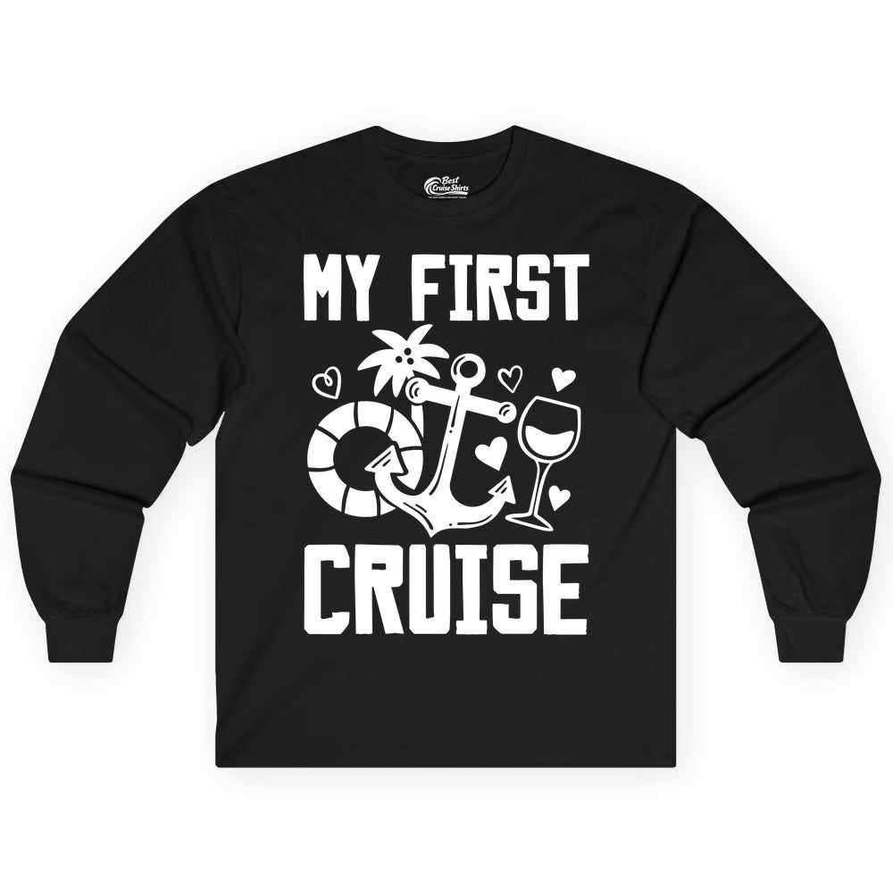 My First Cruise Shirt - Cruise Vacation Apparel for First Timers (Long Sleeve) in Black - My First Cruise Shirt - Bold Nautical Icons Celebration Tee