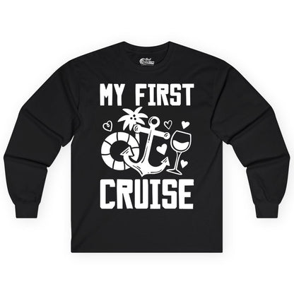 My First Cruise Shirt - Cruise Vacation Apparel for First Timers (Long Sleeve) in Black - My First Cruise Shirt - Bold Nautical Icons Celebration Tee