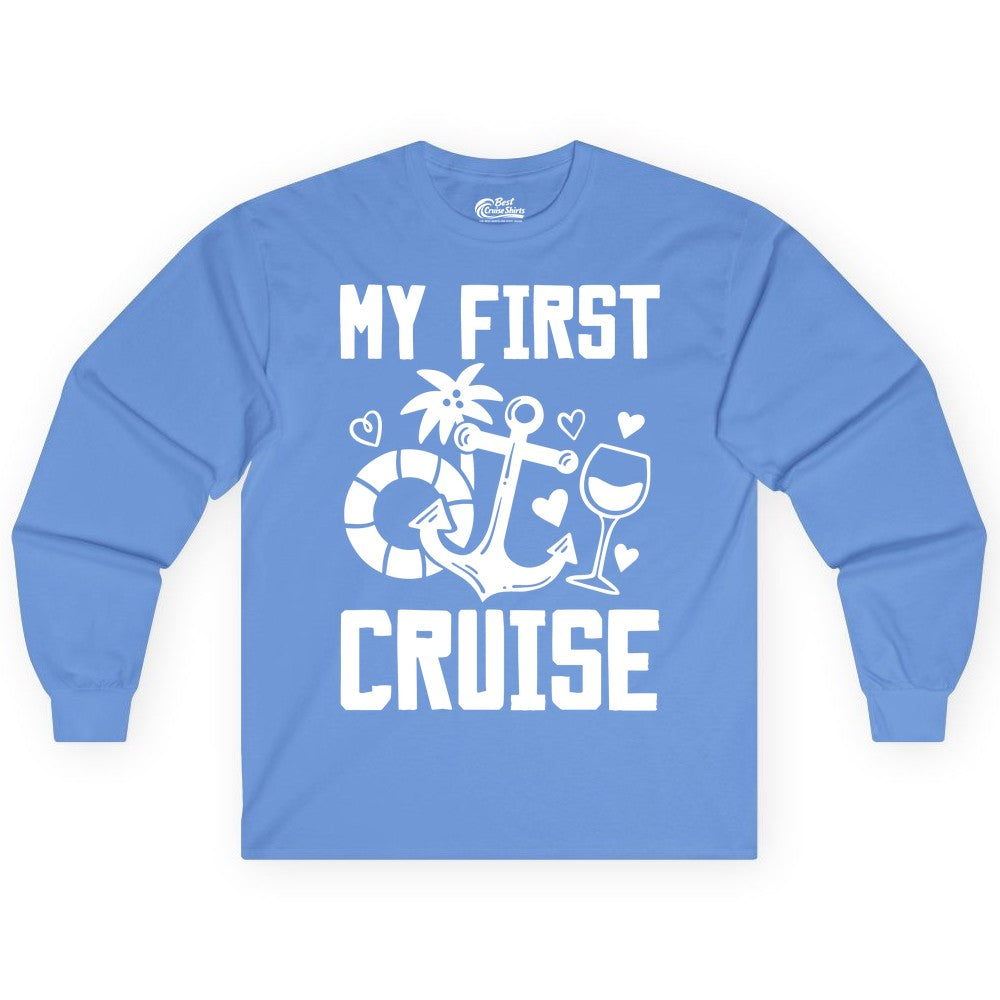 My First Cruise Shirt - Cruise Vacation Apparel for First Timers (Long Sleeve) in Carolina Blue - My First Cruise Shirt - Bold Nautical Icons Celebration Tee