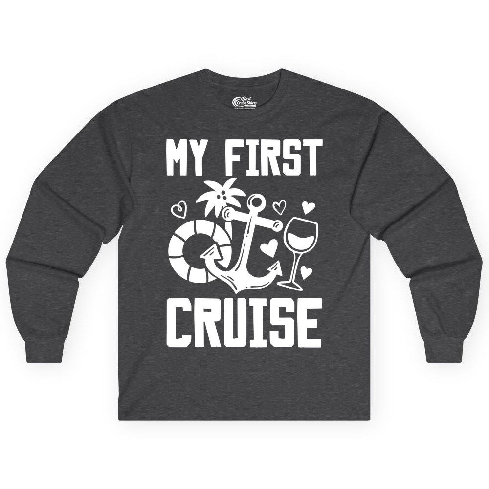 My First Cruise Shirt - Cruise Vacation Apparel for First Timers (Long Sleeve) in Dark Heather - My First Cruise Shirt - Bold Nautical Icons Celebration Tee