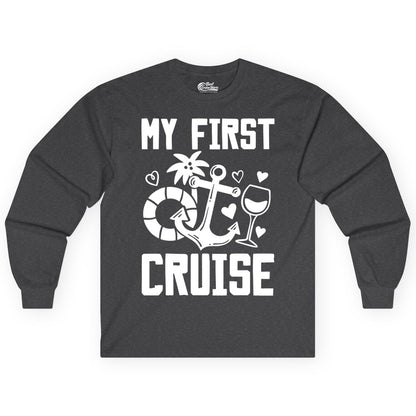 My First Cruise Shirt - Cruise Vacation Apparel for First Timers (Long Sleeve) in Dark Heather - My First Cruise Shirt - Bold Nautical Icons Celebration Tee