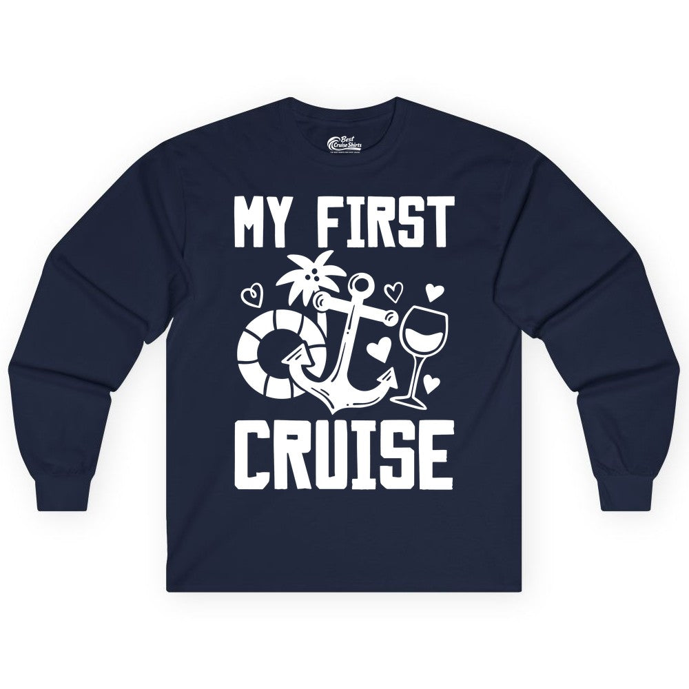 My First Cruise Shirt - Cruise Vacation Apparel for First Timers (Long Sleeve) in Navy - My First Cruise Shirt - Bold Nautical Icons Celebration Tee