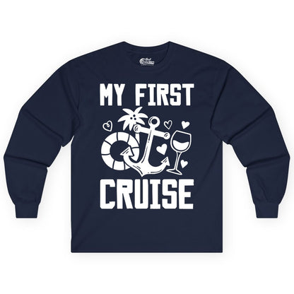 My First Cruise Shirt - Cruise Vacation Apparel for First Timers (Long Sleeve) in Navy - My First Cruise Shirt - Bold Nautical Icons Celebration Tee