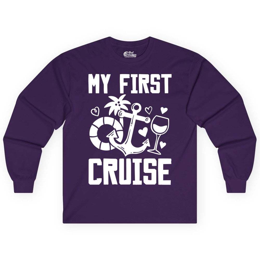 My First Cruise Shirt - Cruise Vacation Apparel for First Timers (Long Sleeve) in Purple - My First Cruise Shirt - Bold Nautical Icons Celebration Tee