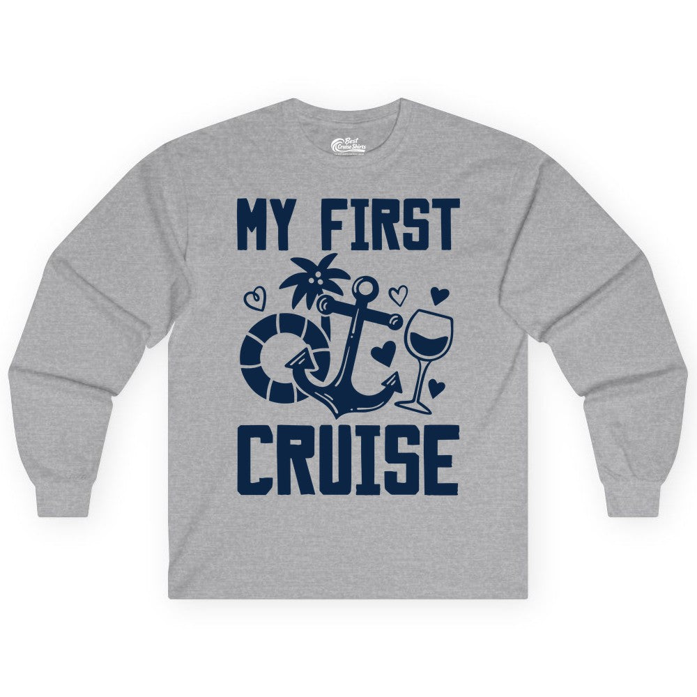 My First Cruise Shirt - Cruise Vacation Apparel for First Timers (Long Sleeve) in Sport Grey - My First Cruise Shirt - Bold Nautical Icons Celebration Tee