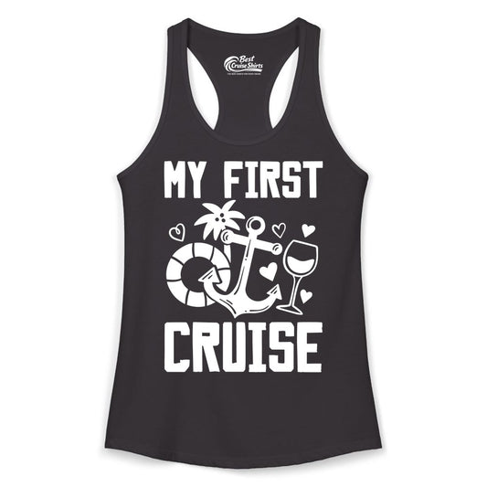 My First Cruise Shirt - Cruise Vacation Apparel for First Timers (Ladies Tank) in Black - My First Cruise Shirt - Bold Nautical Icons Celebration Tee
