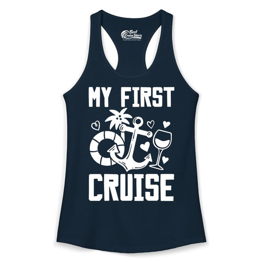 My First Cruise Shirt - Cruise Vacation Apparel for First Timers (Ladies Tank) in Solid Midnight Navy - My First Cruise Shirt - Bold Nautical Icons Celebration Tee