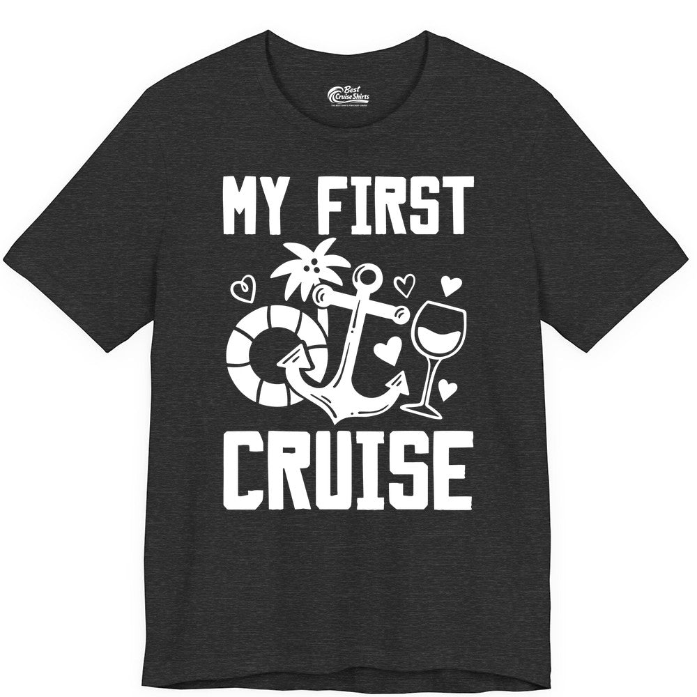 My First Cruise Shirt - Cruise Vacation Apparel for First Timers (Premium Tee) in Dark Grey Heather - My First Cruise Shirt - Bold Nautical Icons Celebration Tee