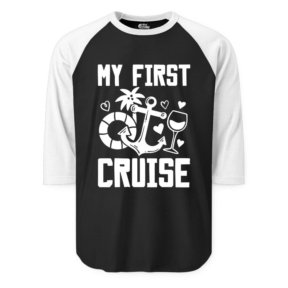 My First Cruise Shirt - Cruise Vacation Apparel for First Timers (Raglan) in BlackWhite - My First Cruise Shirt - Bold Nautical Icons Celebration Tee