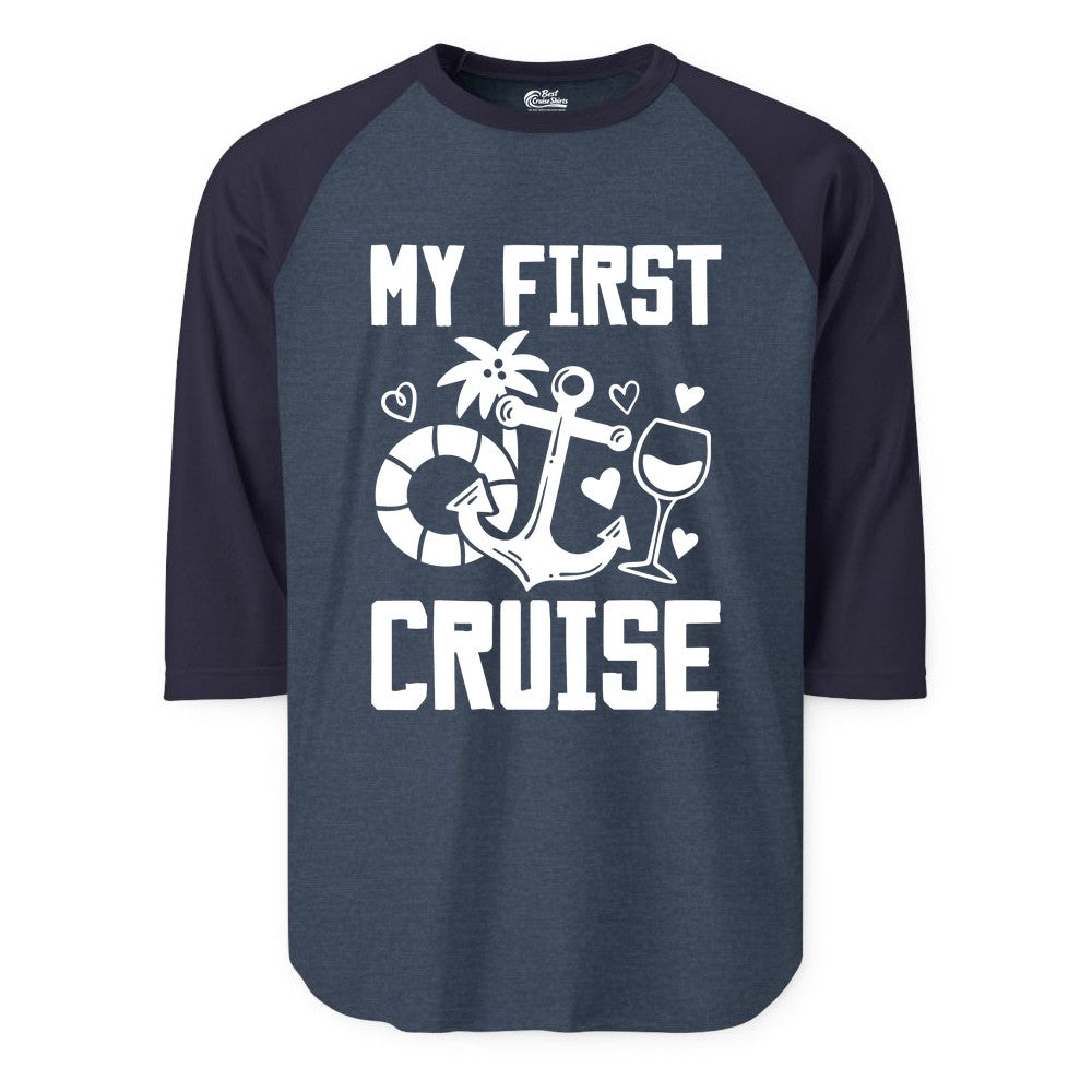 My First Cruise Shirt - Cruise Vacation Apparel for First Timers (Raglan) in Heather DenimNavy - My First Cruise Shirt - Bold Nautical Icons Celebration Tee