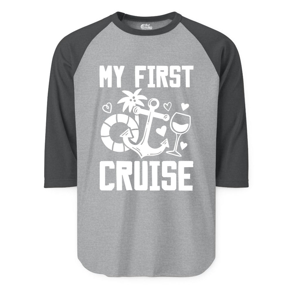 My First Cruise Shirt - Cruise Vacation Apparel for First Timers (Raglan) in Heather GreyHeather Charcoal - My First Cruise Shirt - Bold Nautical Icons Celebration Tee