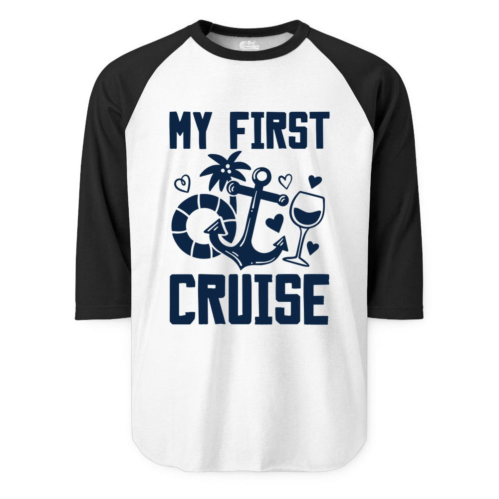 My First Cruise Shirt - Cruise Vacation Apparel for First Timers (Raglan) in WhiteBlack - My First Cruise Shirt - Bold Nautical Icons Celebration Tee