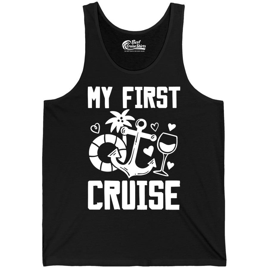 My First Cruise Shirt - Cruise Vacation Apparel for First Timers (Tank Top) in Black - My First Cruise Shirt - Bold Nautical Icons Celebration Tee