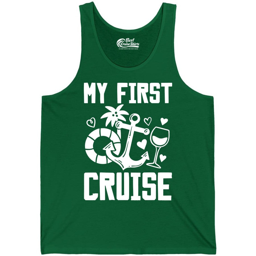 My First Cruise Shirt - Cruise Vacation Apparel for First Timers (Tank Top) in Kelly - My First Cruise Shirt - Bold Nautical Icons Celebration Tee