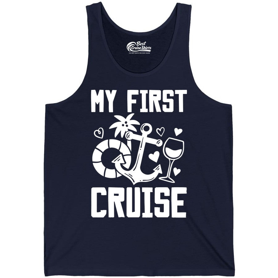 My First Cruise Shirt - Cruise Vacation Apparel for First Timers (Tank Top) in Navy - My First Cruise Shirt - Bold Nautical Icons Celebration Tee