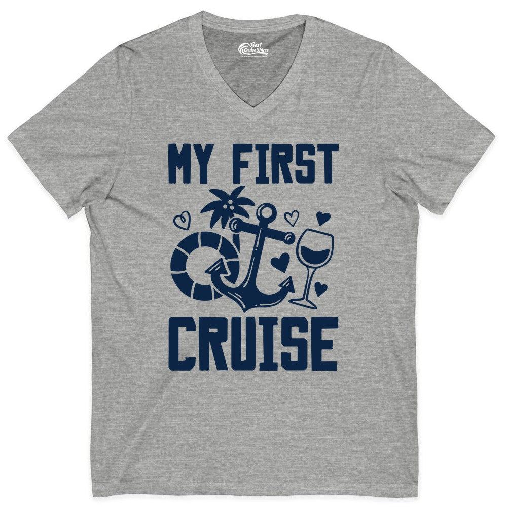 My First Cruise Shirt - Cruise Vacation Apparel for First Timers (V-Neck) in Athletic Heather - My First Cruise Shirt - Bold Nautical Icons Celebration Tee