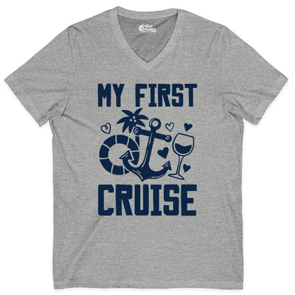 My First Cruise Shirt - Cruise Vacation Apparel for First Timers (V-Neck) in Athletic Heather - My First Cruise Shirt - Bold Nautical Icons Celebration Tee