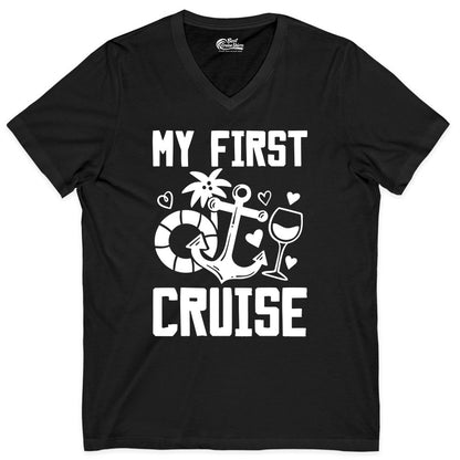 My First Cruise Shirt - Cruise Vacation Apparel for First Timers (V-Neck) in Black - My First Cruise Shirt - Bold Nautical Icons Celebration Tee