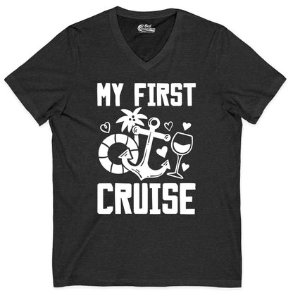 My First Cruise Shirt - Cruise Vacation Apparel for First Timers (V-Neck) in Dark Grey Heather - My First Cruise Shirt - Bold Nautical Icons Celebration Tee