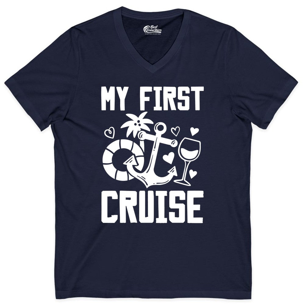 My First Cruise Shirt - Cruise Vacation Apparel for First Timers (V-Neck) in Navy - My First Cruise Shirt - Bold Nautical Icons Celebration Tee