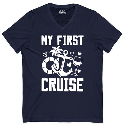 My First Cruise Shirt - Cruise Vacation Apparel for First Timers (V-Neck) in Navy - My First Cruise Shirt - Bold Nautical Icons Celebration Tee