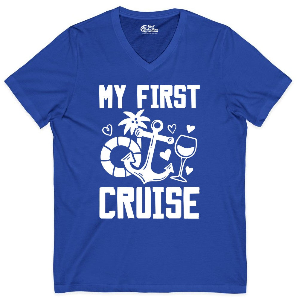 My First Cruise Shirt - Cruise Vacation Apparel for First Timers (V-Neck) in True Royal - My First Cruise Shirt - Bold Nautical Icons Celebration Tee