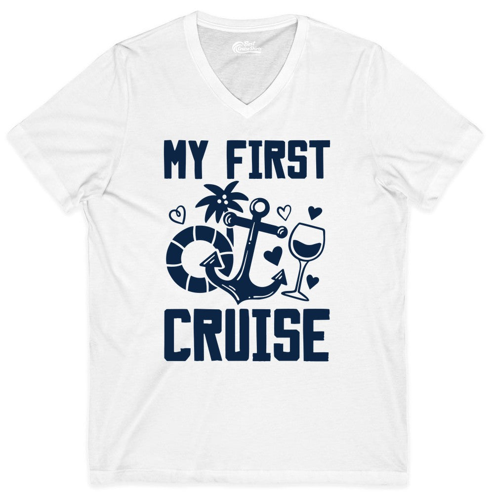 My First Cruise Shirt - Cruise Vacation Apparel for First Timers (V-Neck) in White - My First Cruise Shirt - Bold Nautical Icons Celebration Tee