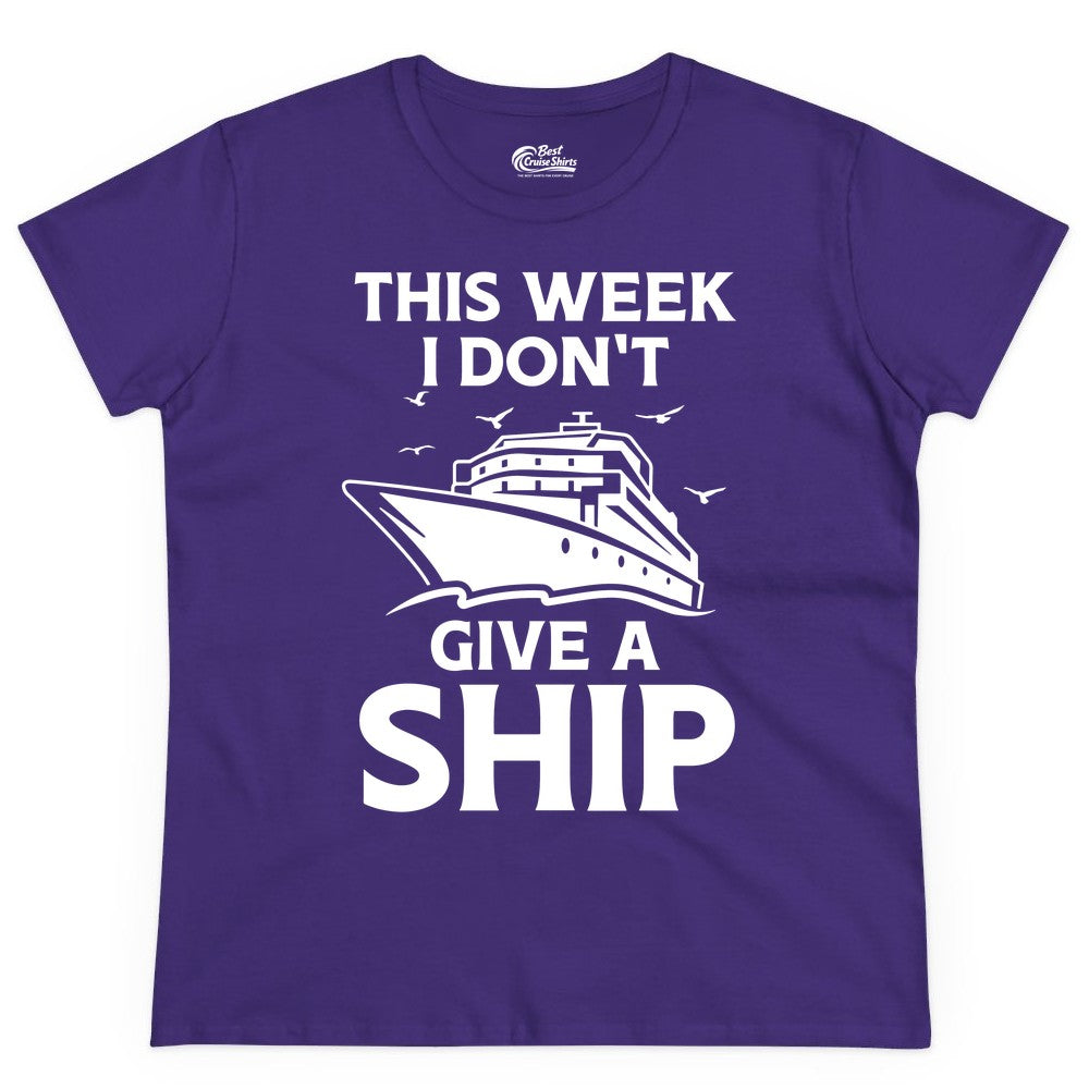 Funny Cruise Shirt - Humorous Nautical Vacation Tee for Travelers (Ladies Tee) in Purple - This Week I Don’t Give a Ship Funny Cruise Shirt Bold Graphic Tee