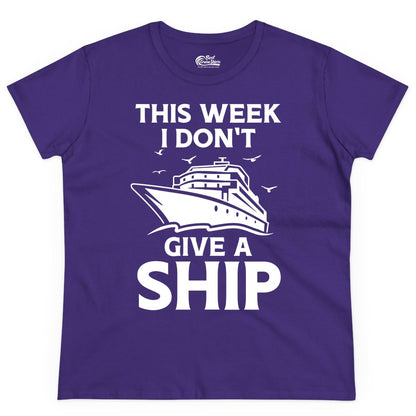 Funny Cruise Shirt - Humorous Nautical Vacation Tee for Travelers (Ladies Tee) in Purple - This Week I Don’t Give a Ship Funny Cruise Shirt Bold Graphic Tee